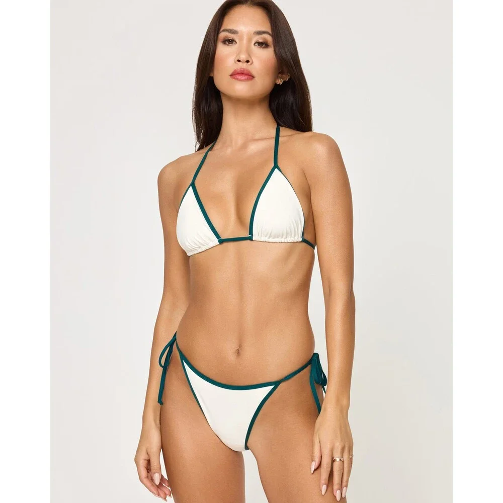 L*Space Levy Bikini Bottom Women's M Cream-Deep Teal Tie-Side Swimwear GBO2575